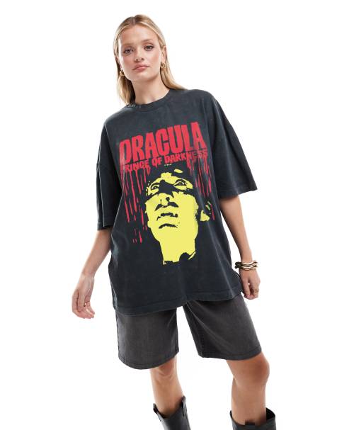 ASOS DESIGN oversized tee with dracula graphic in washed charcoal - view 1
