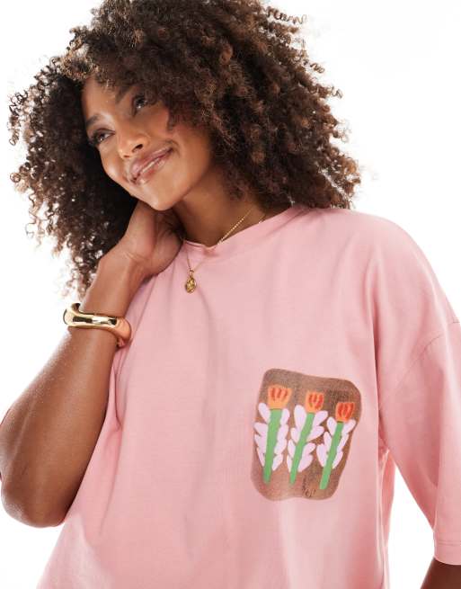 ASOS DESIGN oversized tee with floral tile graphic in dusky pink