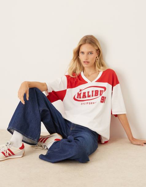 ASOS DESIGN oversized tee with football style graphic in red and white - view 1