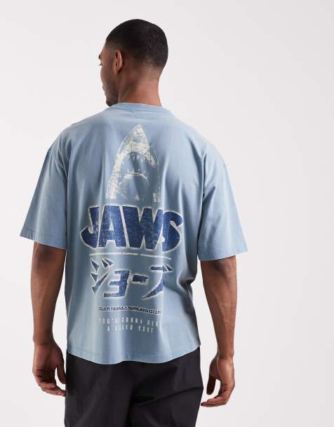ASOS DESIGN oversized tee with Jaws print in washed blue