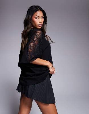 Asos Design Oversized Tee With Lace Insert In Black In Black