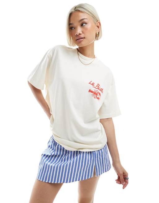ASOS DESIGN oversized tee with lobster back graphic in cream