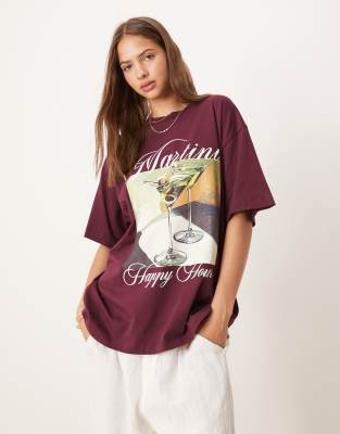 Asos Design Oversized Tee With Martini Graphic In Purple
