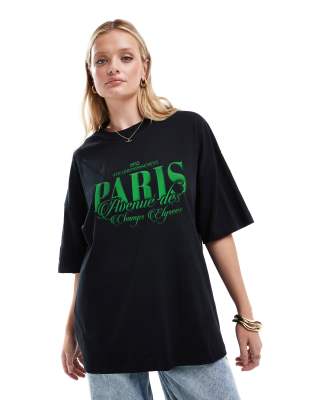 Asos Design Oversized Tee With Paris Graphic In Black