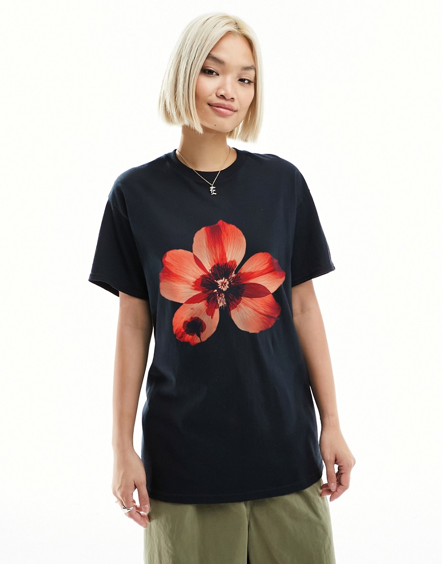 ASOS DESIGN oversized tee with pressed flower graphic in black