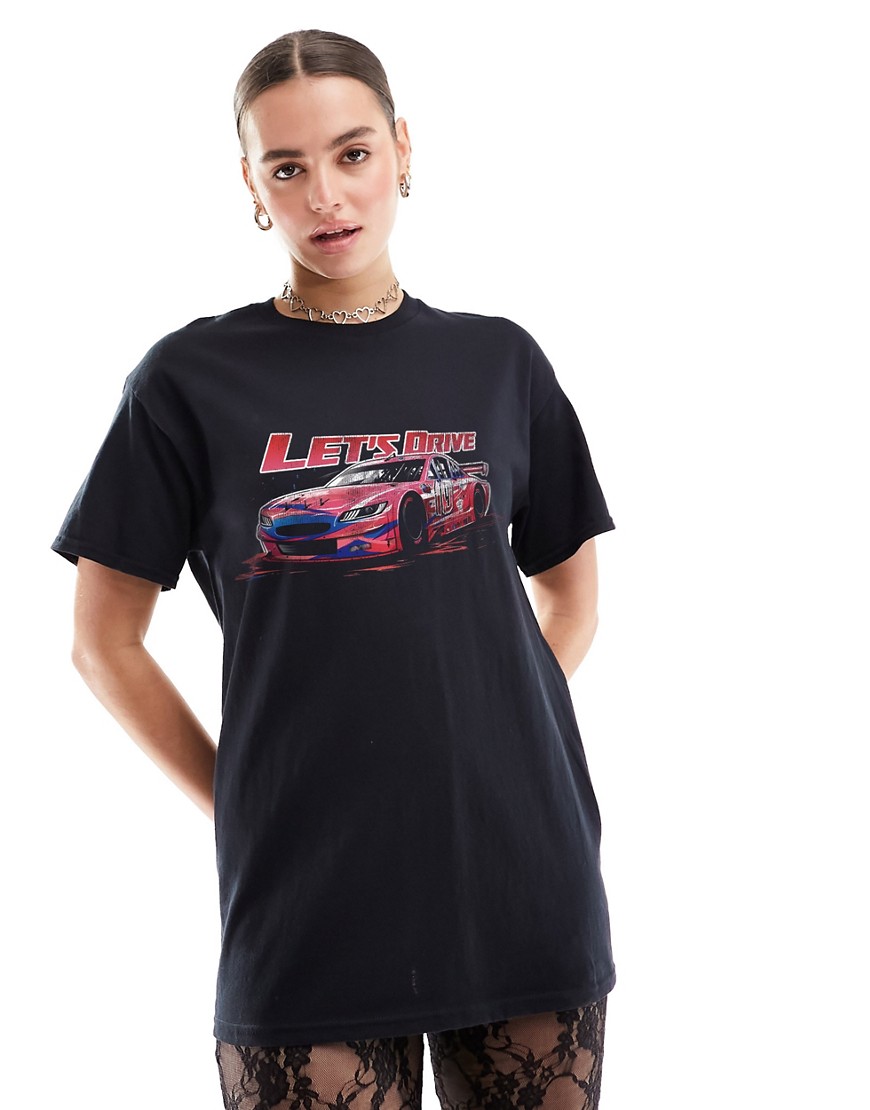ASOS DESIGN oversized tee with racing car graphic in black-White