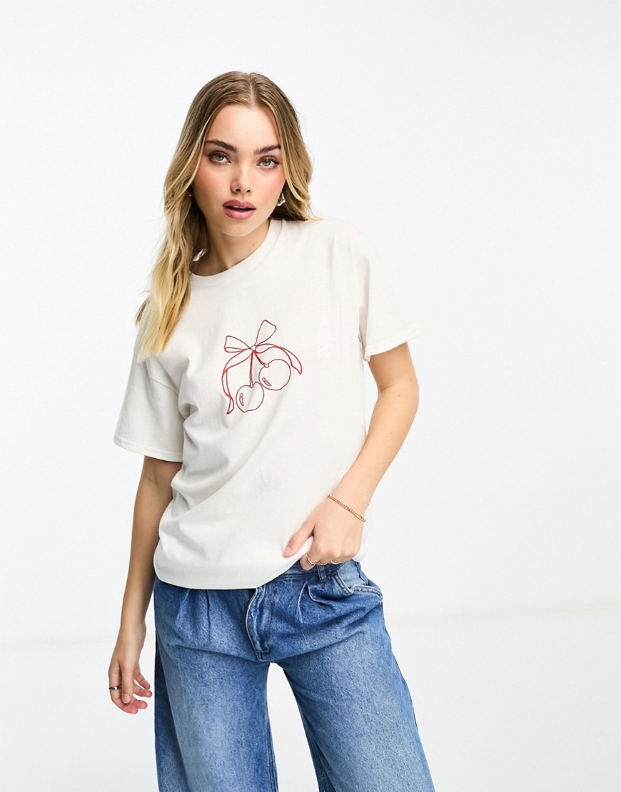 ASOS DESIGN oversized tee with ribbon cherry graphic in white