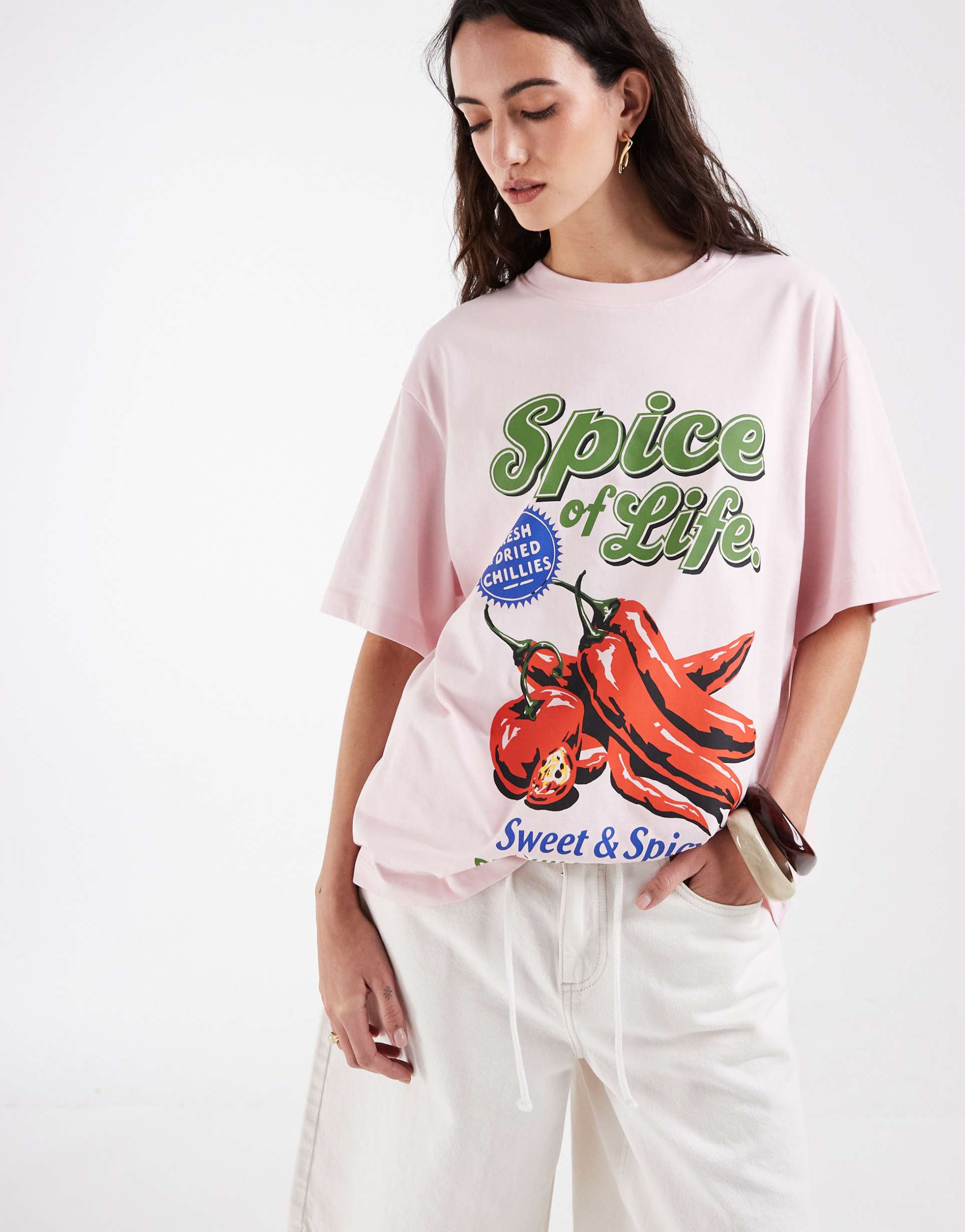 asos design oversized tee with spicy chili graphic in pink