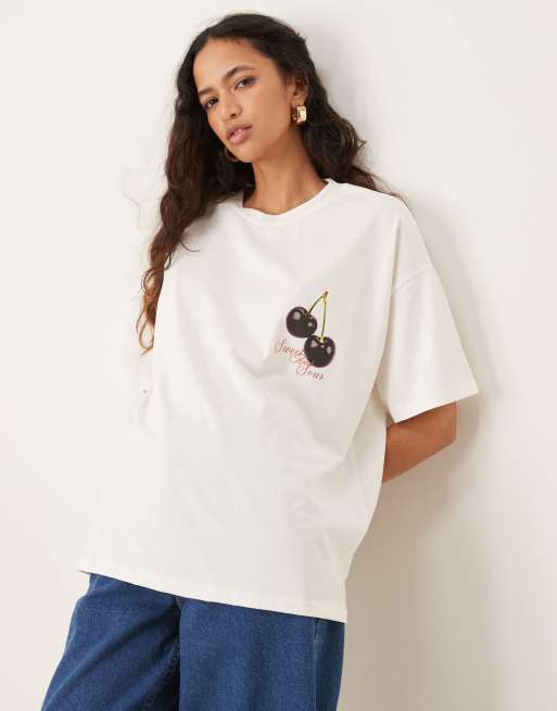 ASOS DESIGN oversized tee with sweet and sour cherry graphic in ecru, 3 of 4