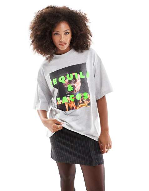 ASOS DESIGN oversized tee with Tequila graphic in gray - view 1
