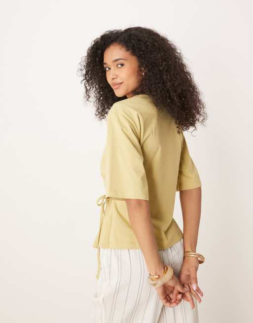 ASOS DESIGN oversized tee with tie details in light olive