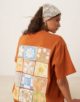 Asos Design Oversized Tee With Tile Graphics In Orange