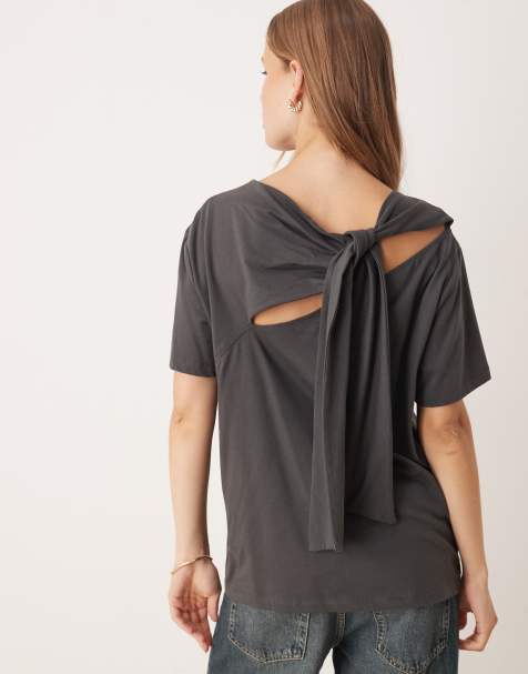 ASOS DESIGN oversized tee with twist back drape detail in charcoal - view 1