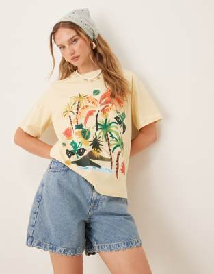 Asos Design Oversized Tee With Vacation Painterly Palm Tree Graphic In Yellow