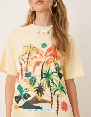 Asos Design Oversized Tee With Vacation Painterly Palm Tree Graphic In Yellow