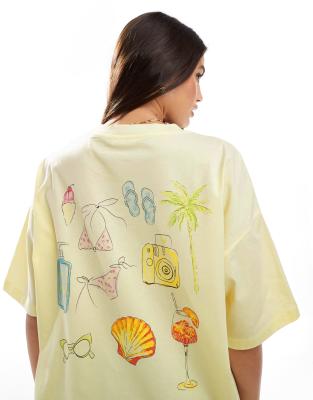 ASOS DESIGN oversized tee with watercolor beach theme in lemon