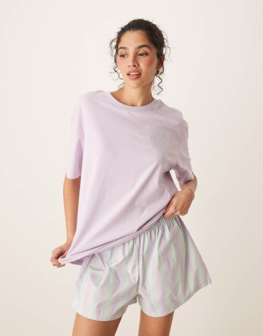 ASOS DESIGN oversized tee & woven stripe boxer short pyjama set in lilac