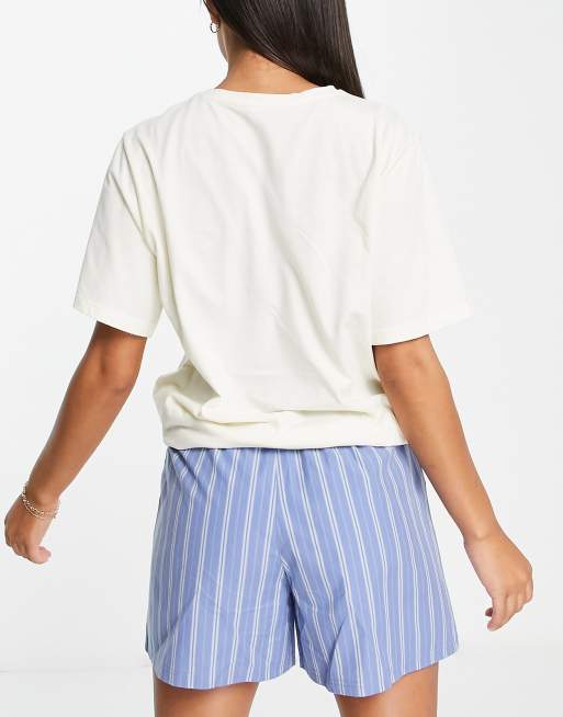 ASOS DESIGN oversized tee & woven stripe short pyjama set in cream & blue, 2 of 4