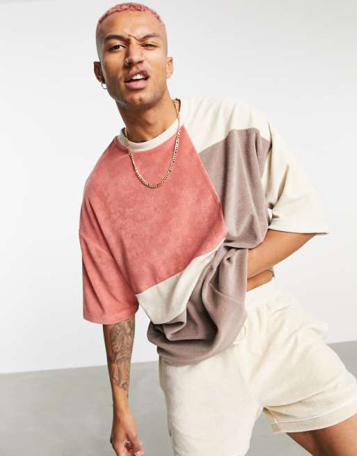 ASOS DESIGN oversized terry t-shirt in pink & beige color block