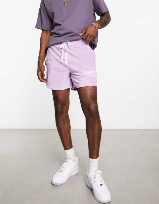 ASOS DESIGN oversized terrycloth shorts with embroidery in purple
