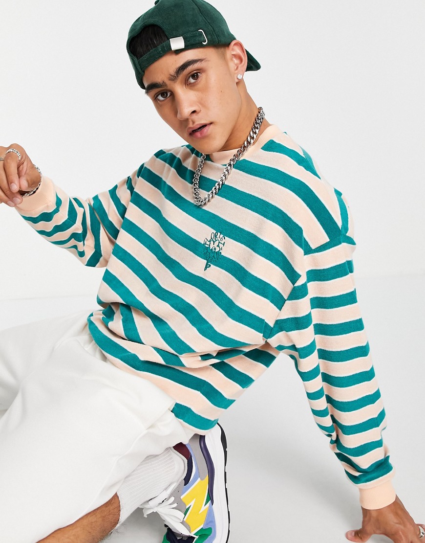 ASOS DESIGN oversized terrycloth sweatshirt in all over stripe with embroidery-Multi