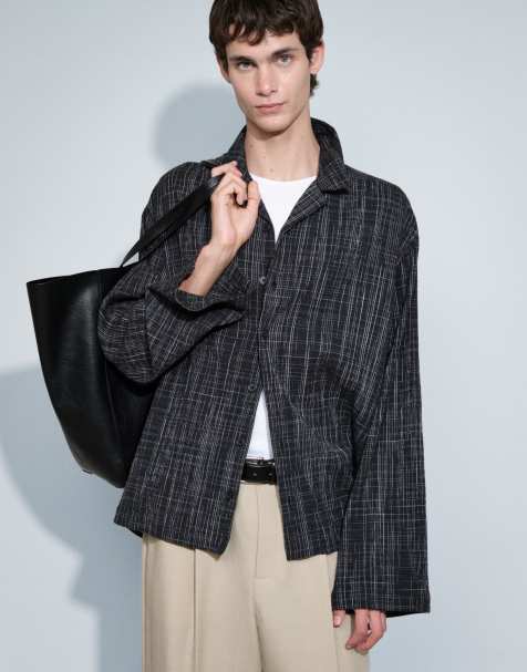 ASOS DESIGN oversized textured camp collar shirt in black plaid - view 1