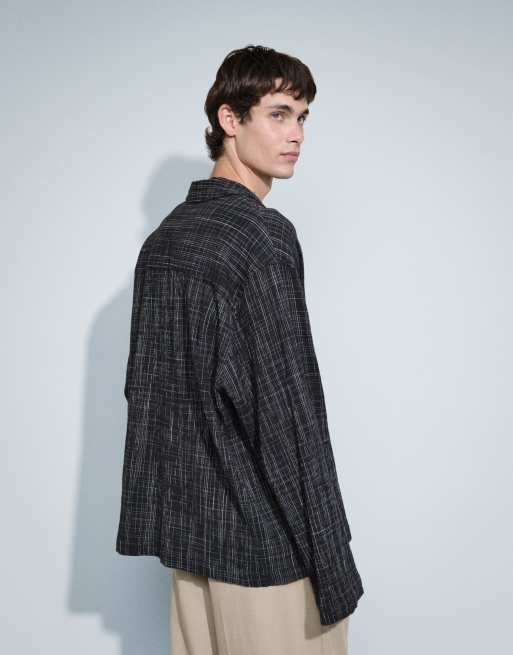 ASOS DESIGN oversized textured camp collar shirt in black plaid, 4 of 9