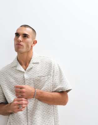 Asos Design Oversized Textured Camp Collar Shirt In Neutral