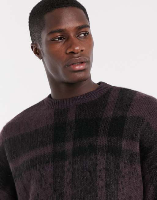 ASOS DESIGN oversized textured check jumper in burgundy | ASOS