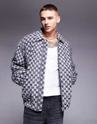 oversized textured checkerboard harrington jacket in gray