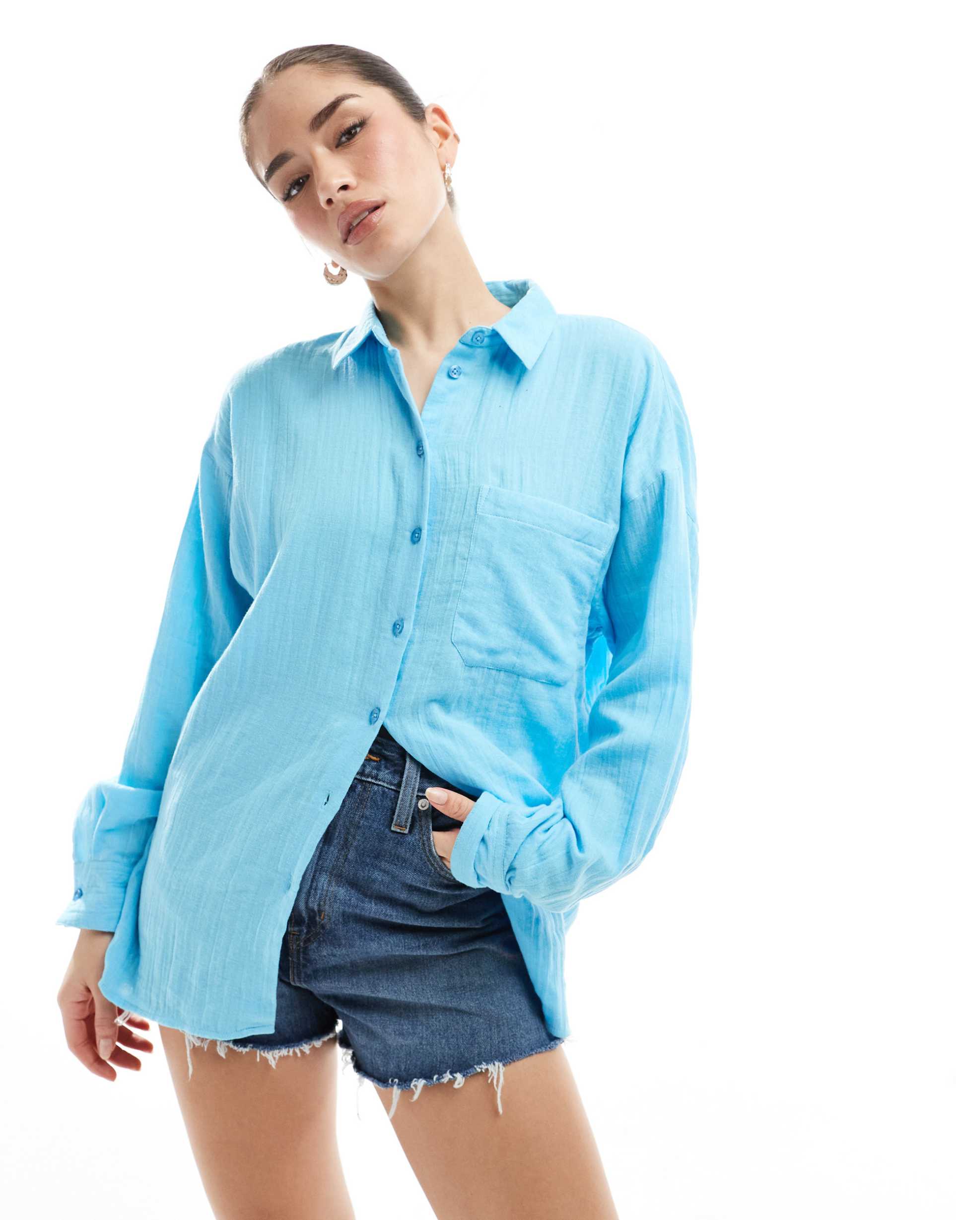 asos design oversized textured cotton shirt in blue