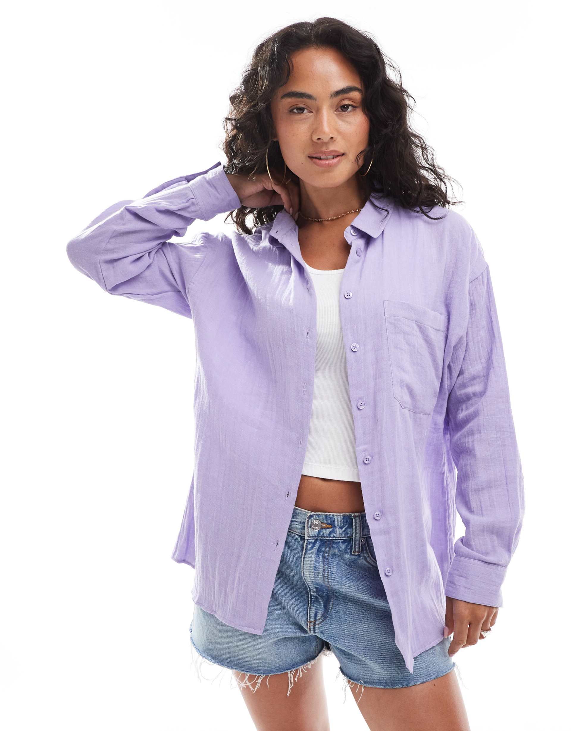 asos design oversized textured cotton shirt in lilac