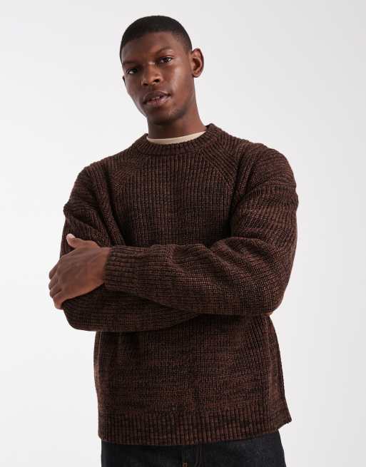 ASOS DESIGN oversized textured crew neck knitted jumper in brown