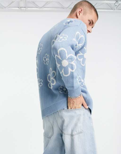 ASOS DESIGN oversized textured floral knit sweater in blue