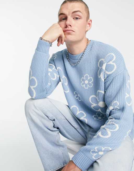 ASOS Knitted Oversized Jumper With Cloud Landscape Pattern in Blue