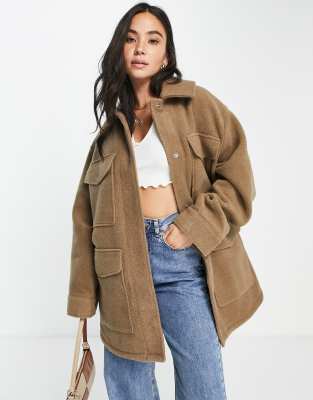ASOS DESIGN oversized textured four pocket shacket in brown - ASOS Price Checker