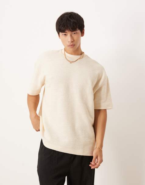ASOS DESIGN oversized textured henley T-shirt in cream - view 1