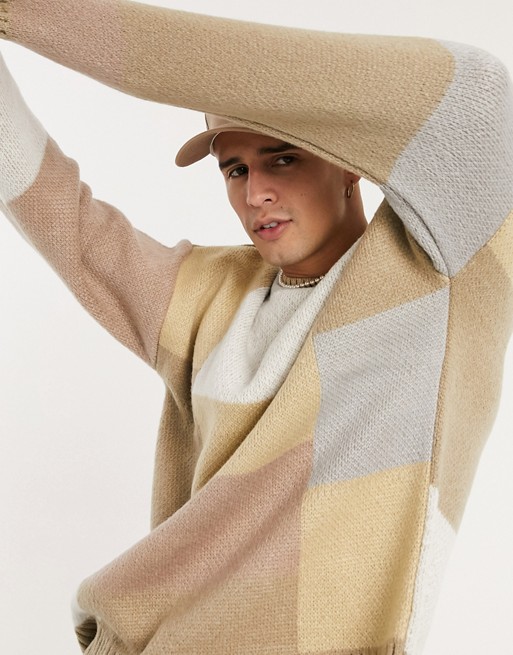ASOS DESIGN oversized textured jumper with neutral check design