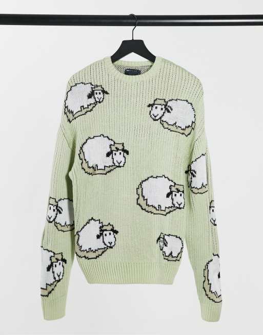 ASOS DESIGN oversized textured jumper with sheep design in sage