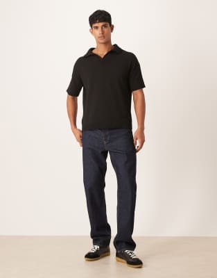 Asos Design Oversized Textured Knit Notch Neck Polo In Black