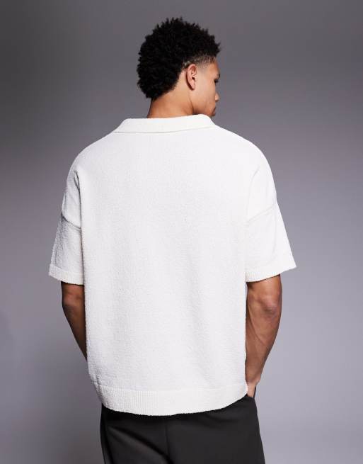 ASOS DESIGN oversized textured knit notch neck polo in ecru, 3 of 5