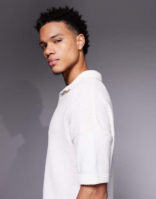 ASOS DESIGN oversized textured knit notch neck polo in ecru, 4 of 5