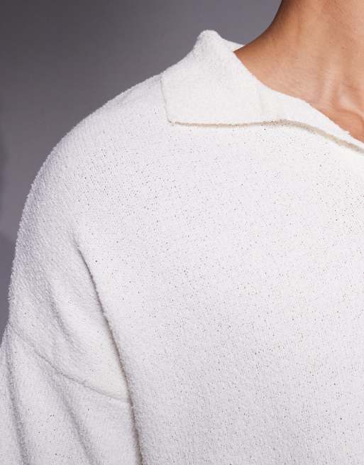 ASOS DESIGN oversized textured knit notch neck polo in ecru, 5 of 5