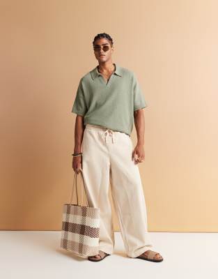 ASOS DESIGN oversized boxy fit lightweight boucle knitted notch neck polo in sage green