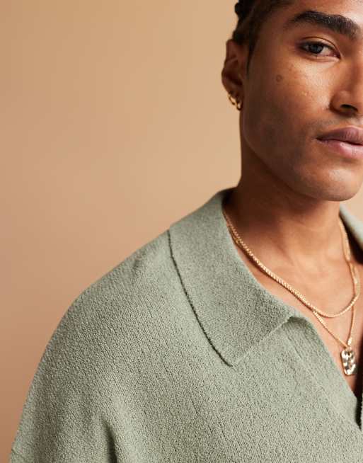 ASOS DESIGN oversized textured knit notch neck polo in light green, 3 of 4