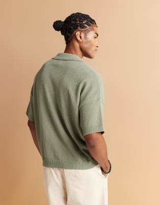 ASOS DESIGN oversized boxy fit lightweight boucle knitted notch neck polo in sage green
