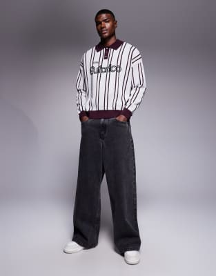 Asos Design Oversized Textured Knit Polo Shirt With Sports Graphic In Multi