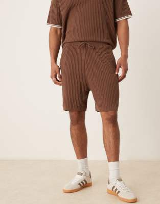 Asos Design Oversized Textured Knit Shorts In Brown