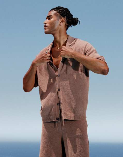 ASOS DESIGN oversized textured knitted button through shirt in brown (part of a set) - view 1