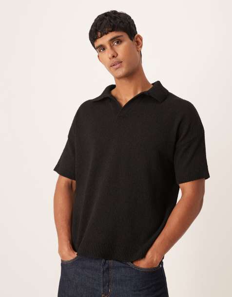 ASOS DESIGN oversized textured knitted notch neck polo in black - view 1